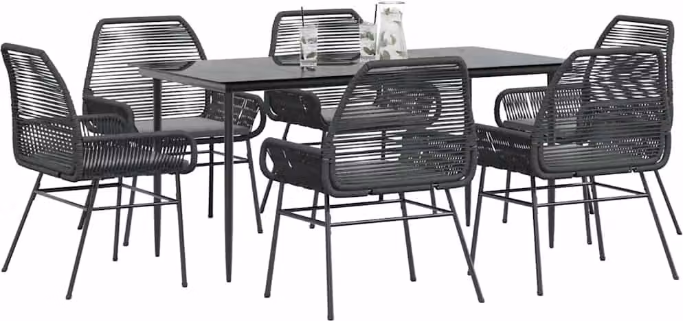 Set Pranzo da Giardino 7 pz Nero con Cuscini Polyrattan Vetro