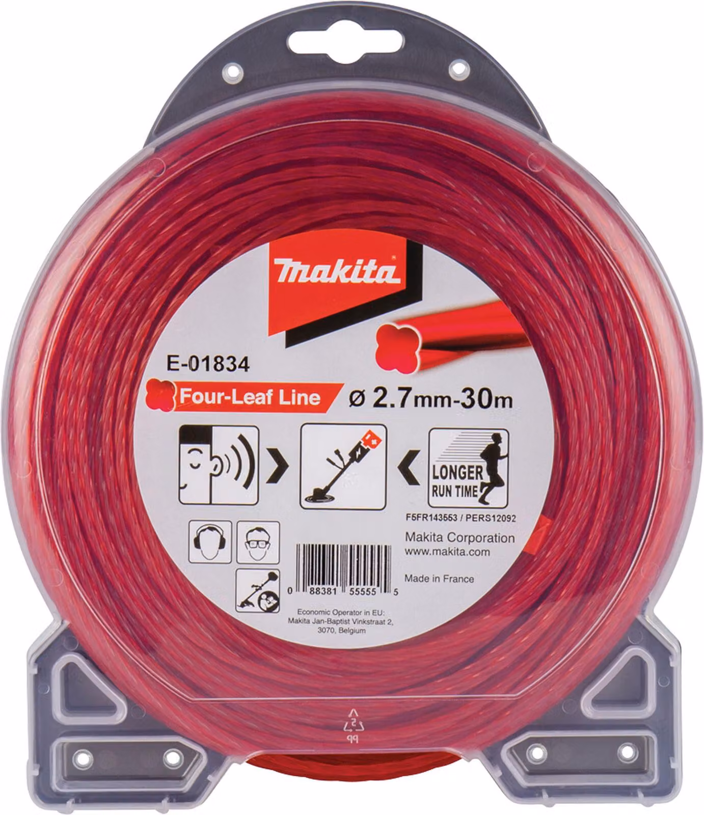Filo da taglio Makita, a bassa rumorosità (sezione a quadrifoglio) 2,7 mm - 30 m - rosso