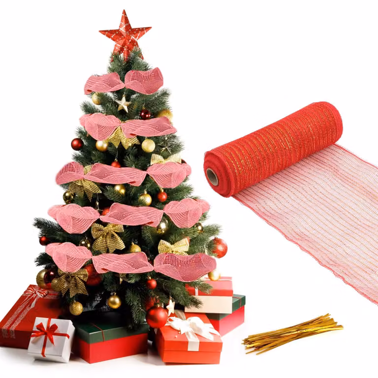 Decorazione natalizia in poliestere, dimensioni 27 cm x 9 m, colore rosso-oro, per albero di Natale