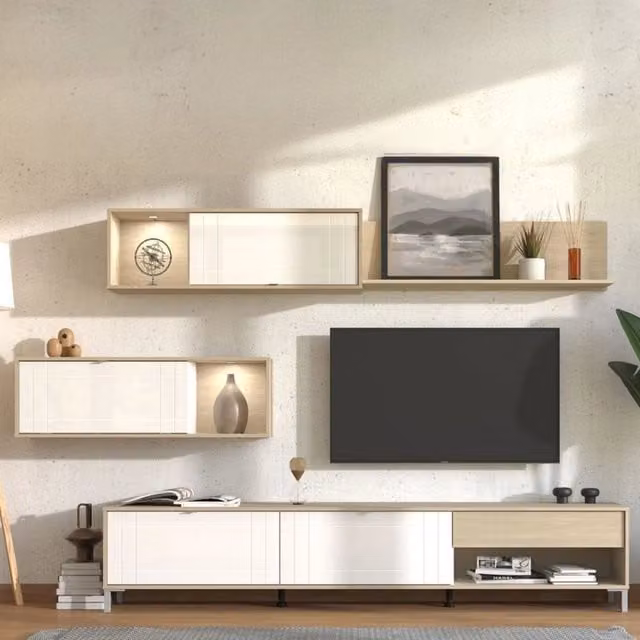 Parete Attrezzata Mobile Soggiorno Elice DMORA Bianco Opaco con 7 Ripiani L: 234 cm, P: 40 cm, H: 176 cm – 1