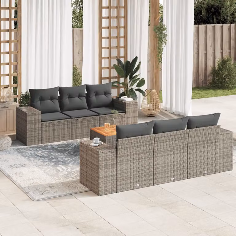 Set di divani da giardino vidaXL in polyrattan grigio con cuscini, tavolino e poltrone, 7 pezzi