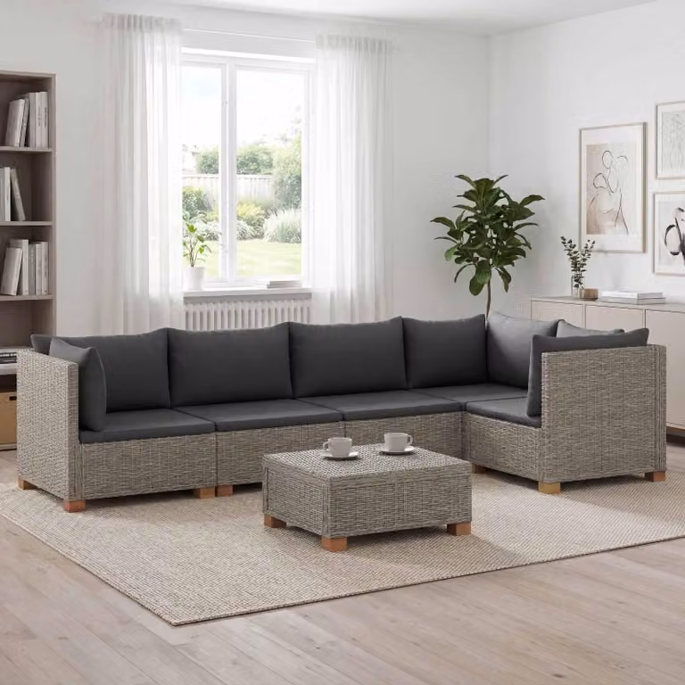 Maison Exclusive - Set da salotto in rattan naturale "Kubu" grigio, composto da 6 pezzi, con cuscini