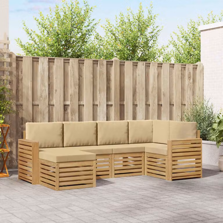 Set di divani da esterno vidaXL 6 pz a forma di L con pouf, colore bianco e beige, in legno di acacia e tessuto resistente ai raggi UV