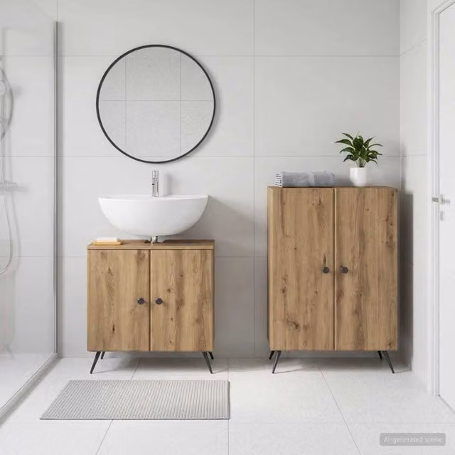 Set di mobili da bagno moderno vidaXL composto da mobile lavabo e mobile contenitore in legno color rovere marrone con finitura opaca L/P/H: 80,0 x 59,5 x 31,5 cm e 59,5 x 29,25 x 31,5 cm