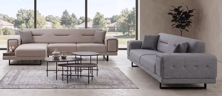 Divano angolare, comodo, morbido, spazioso, elegante, color beige e grigio