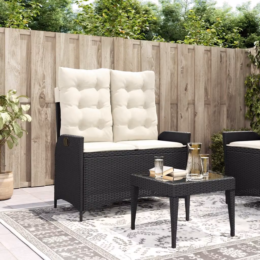 vidaXL Panca Reclinabile da Giardino in Polyrattan e Metallo con Cuscini Nera e Bianca