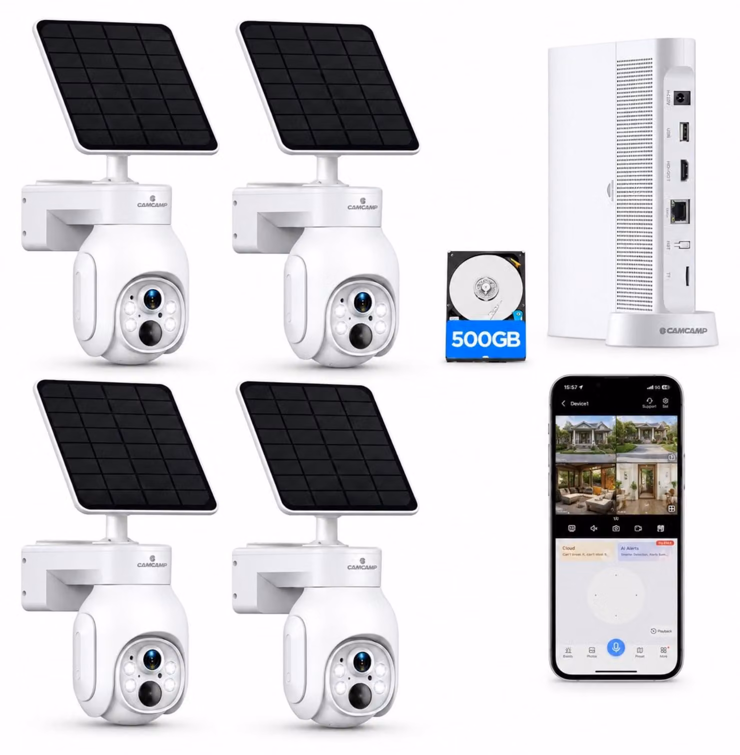 Kit di 4 telecamere di sicurezza - Alimentazione a energia solare, wireless - 4MP, visione notturna a colori fino a 20 metri - Bianco