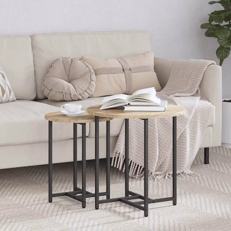Set di 2 tavolini rotondi vidaXL in stile industriale, colore Rovere e Nero, L/P/H: 50 x 50 x 50 cm