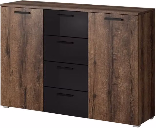 Credenza design 2 porte e 4 cassetti 130cm. Collezione FLOYD color rovere scuro e nero lucido
