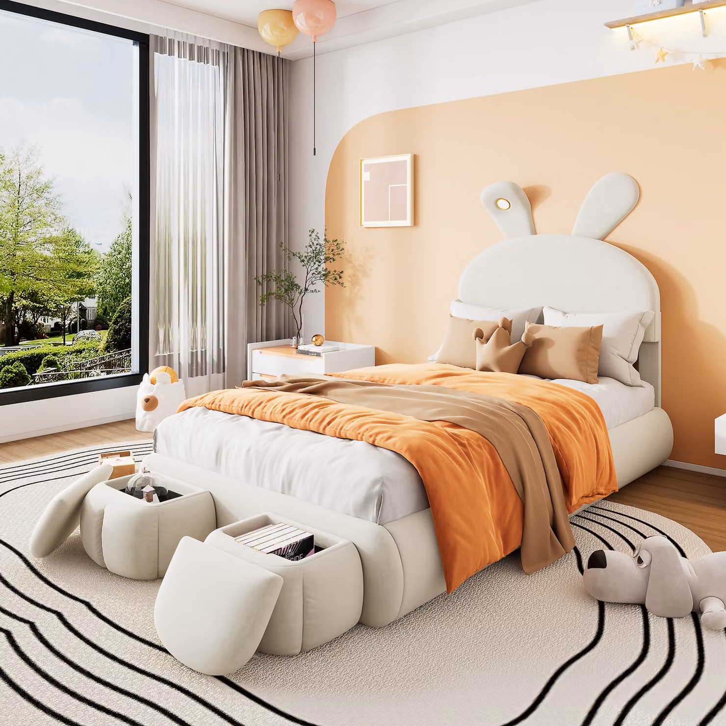 Letto imbottito Merax 90x200 cm con orecchie da coniglio a LED e doghe in legno, letto matrimoniale con contenitore e 2 sgabelli contenitore, velluto beige