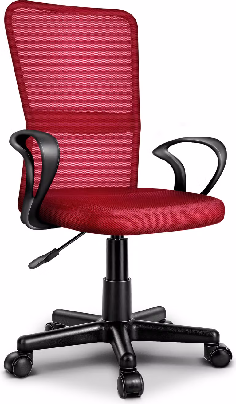 TRESKO sedia da ufficio rosso vino sedia da scrivania girevole, con braccioli e rotelle in plastica, regolabile in altezza in continuo, sedile imbottito, ergonomica