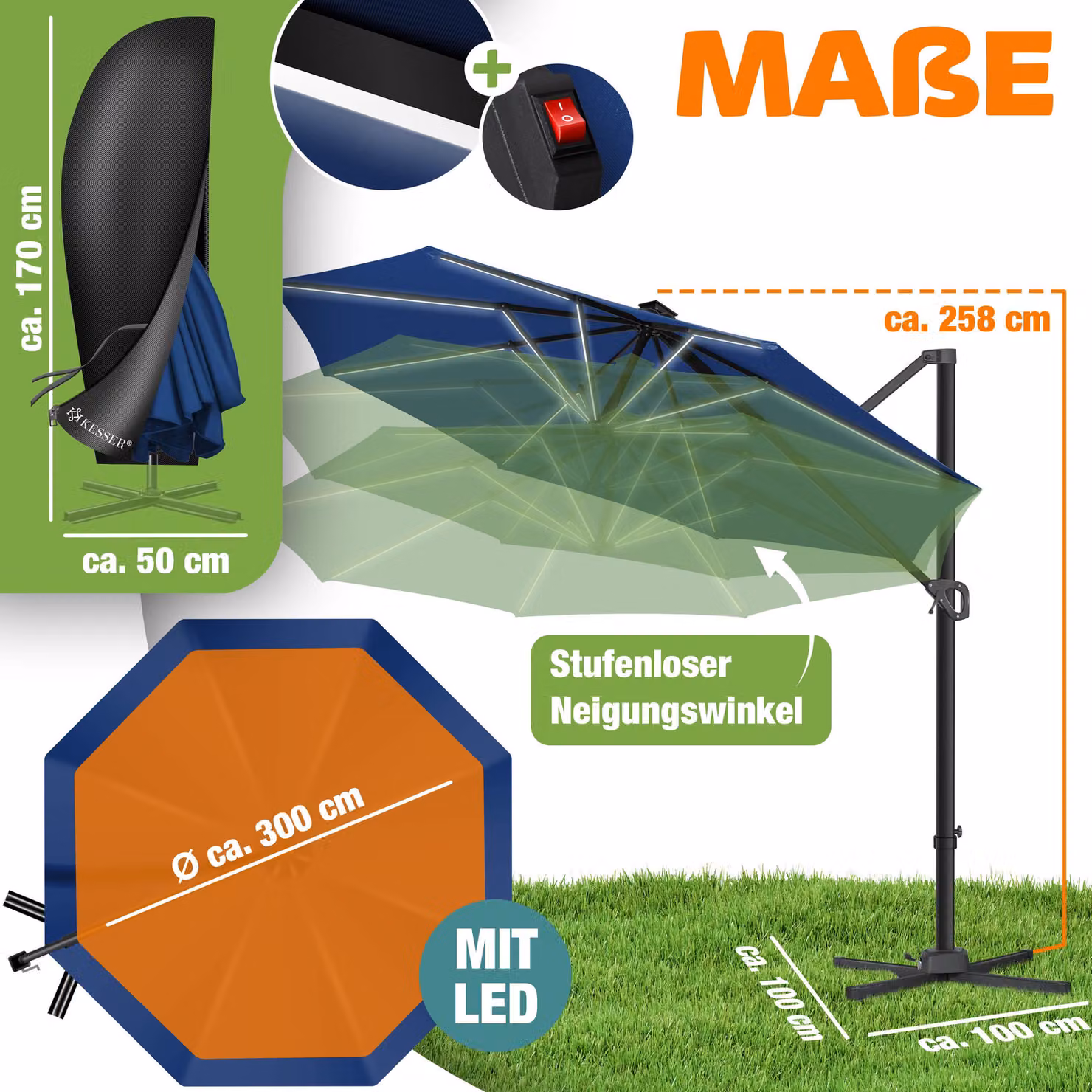 KESSER® Parasole per pergolati, modello SUN, diametro 330 cm, regolabile in 7 posizioni, rotazione a 360°, include copertura