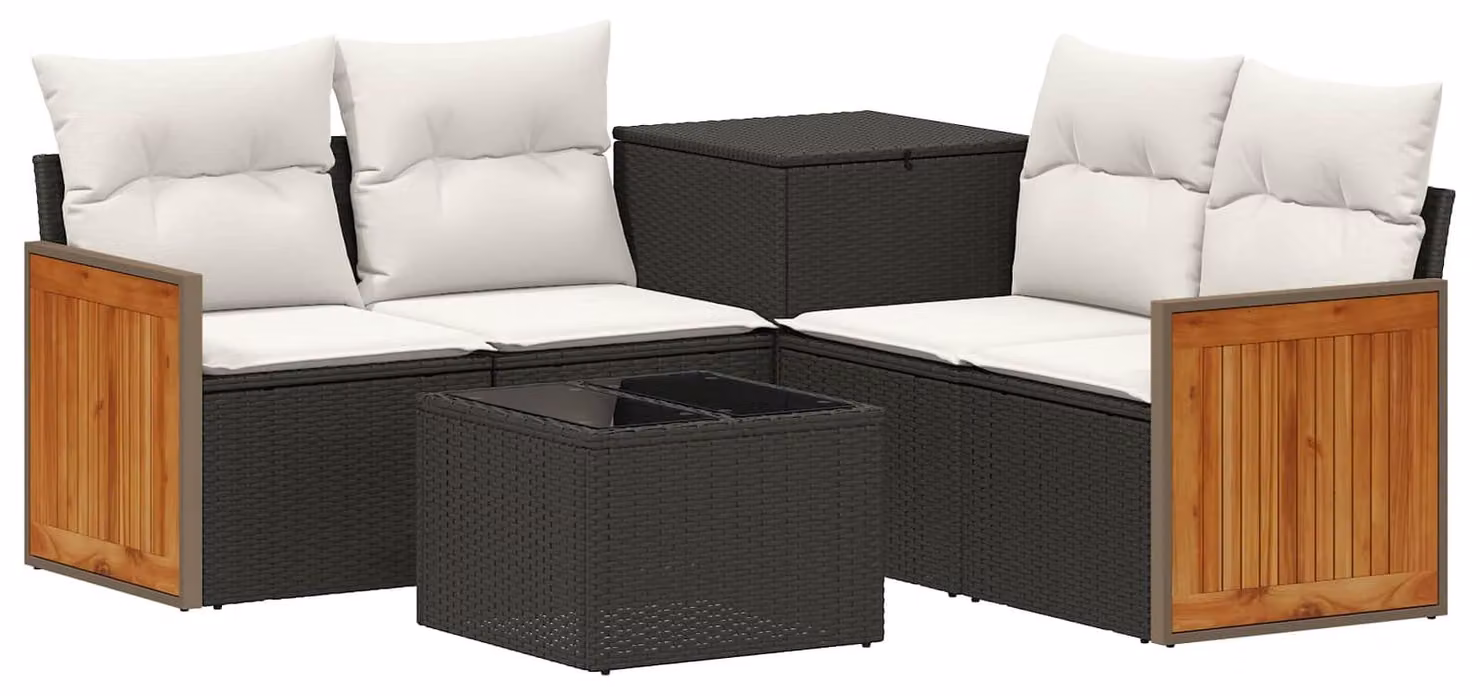 Set di divani da esterno, 6 pezzi. Colore: nero e crema. Materiali: rattan sintetico e acciaio
