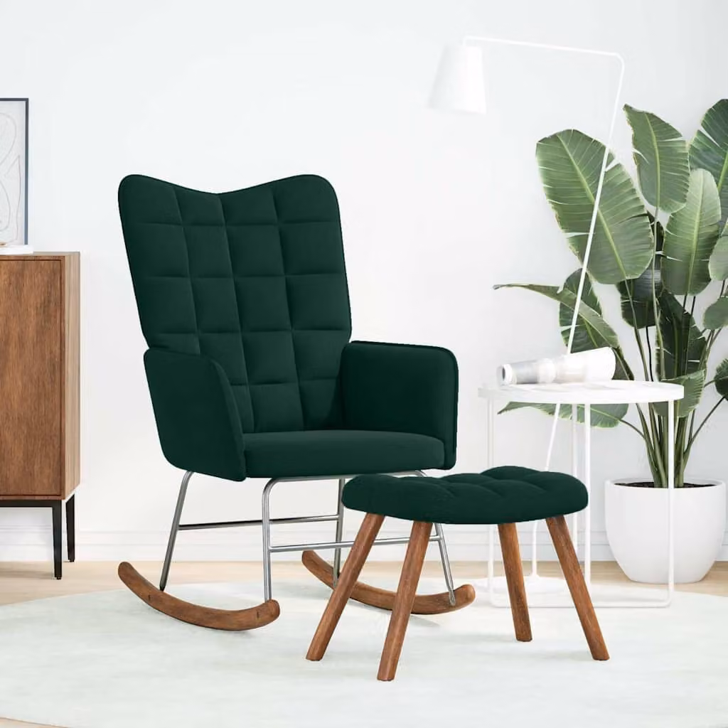 vidaXL Sedia a dondolo con sgabello in velluto verde scuro