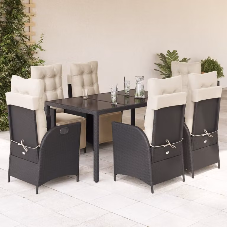 vidaXL Set da Pranzo da Giardino 7 pz in Polyrattan Nero con Cuscini e Tavolo in Vetro