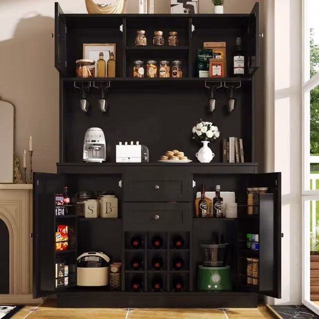 Credenza alta da cucina con 4 ante ripiani regolabili e portabottiglie per cucina in MDF nero 120 × 40 × 188 cm