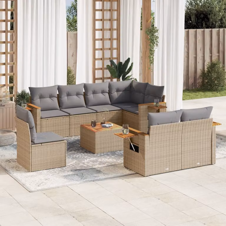 vidaXL Set Divano da Giardino a L 9 pz in Polyrattan con Cuscini Beige e Tavolino da Esterno