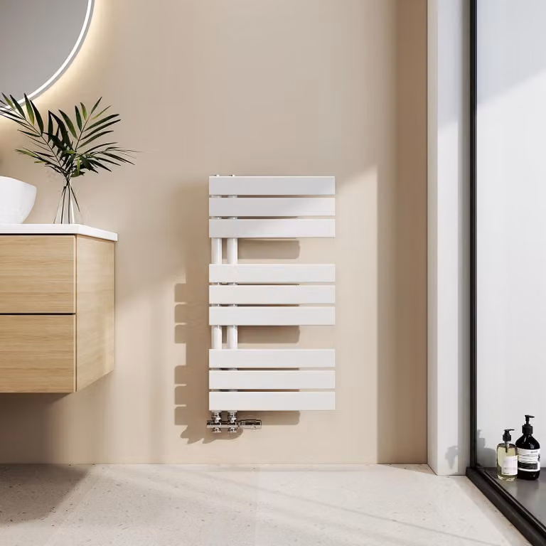 Asciugamani EMKE Radiatore da bagno Radiatore a pannello Collegamento laterale Montaggio a parete Acqua calda 762 x 400 mm Bianco senza elemento riscaldante