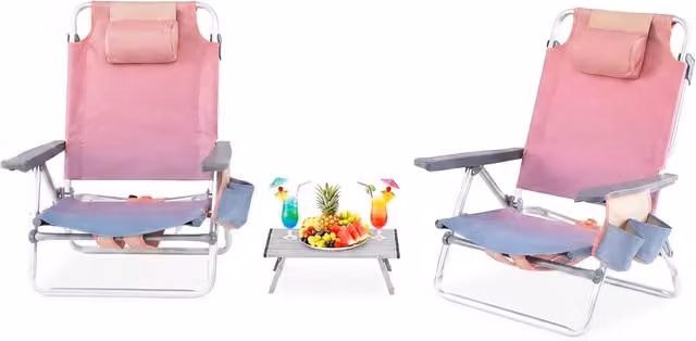 Set di 2 Sedie e Tavolino da Spiaggia Pieghevole, Schienale Regolabile a 5 Livelli, con Portatesta, Borsa Portaoggetti, Borsa Termica, per Campeggio Picnic Esterno (Rosa Chiaro, Modello 2)