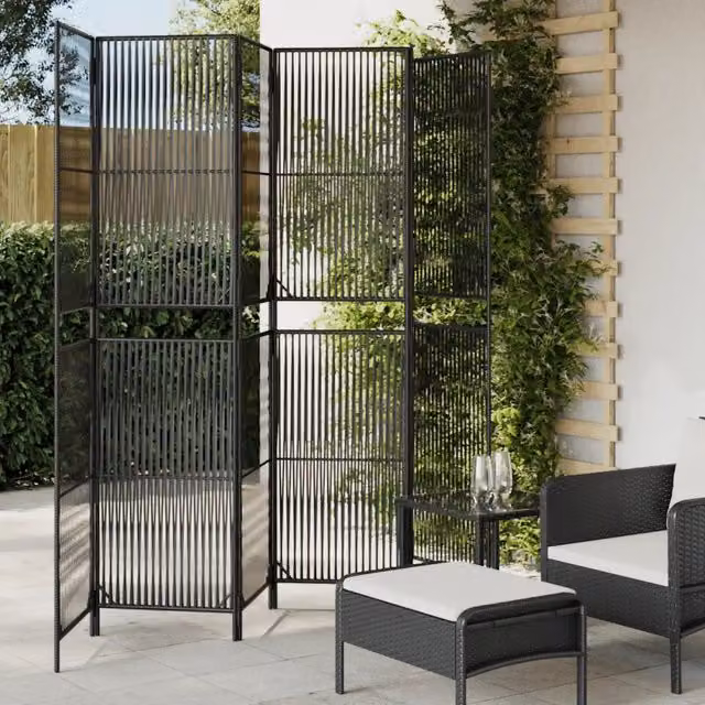 Divisorio per ambienti con 6 pannelli in polyrattan nero e struttura in metallo per soggiorno, camera da letto o giardino, H: 180 cm x L: 200 cm x P: 5 cm – 1