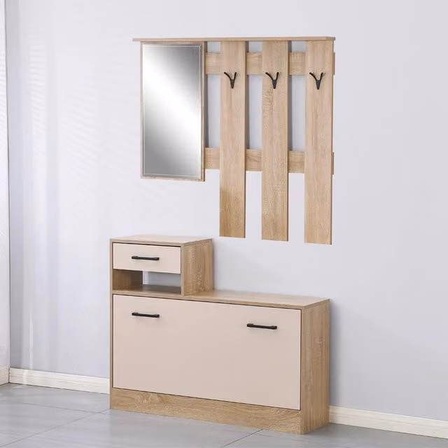 Mobile ingresso moderno Veriaffari con specchio, ante a battente e ripiani, colori bianco, beige e nero
