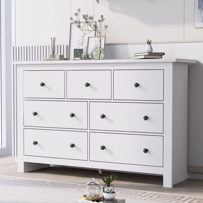 STILVORA Credenza moderna in stile rustico con diversi cassetti, mobile contenitore con piedino centrale regolabile e linee pulite, bianco