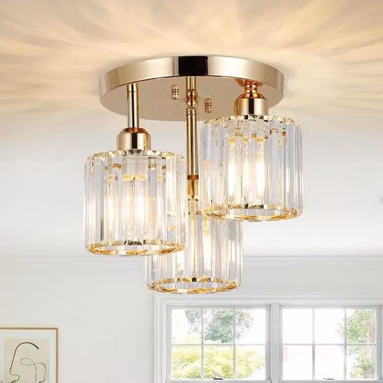 Lampada da soffitto in cristallo dorato, con paralume trasparente, ideale per l'ingresso e la camera da letto.