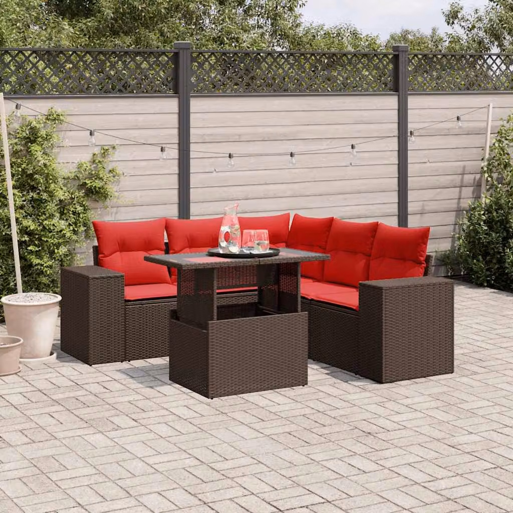 Set Divani da Giardino vidaXL 6 pz in Polyrattan Marrone con Cuscini e Tavolino