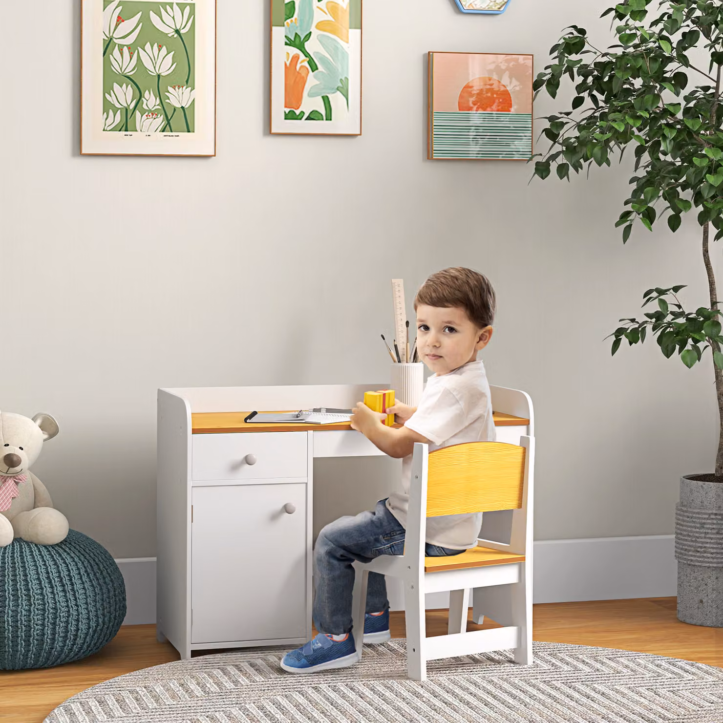 Set Tavolo e Sedie per Bambini ZONEKIZ in Legno e MDF con Cassetto e Armadietto, Design Moderno con Angoli Arrotondati, Bianco – 2