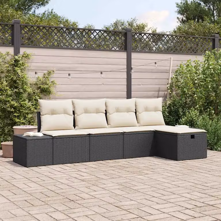 Set Divano da Giardino a L vidaXL in Polyrattan con Cuscini e Ottoman, Grigio e Nero