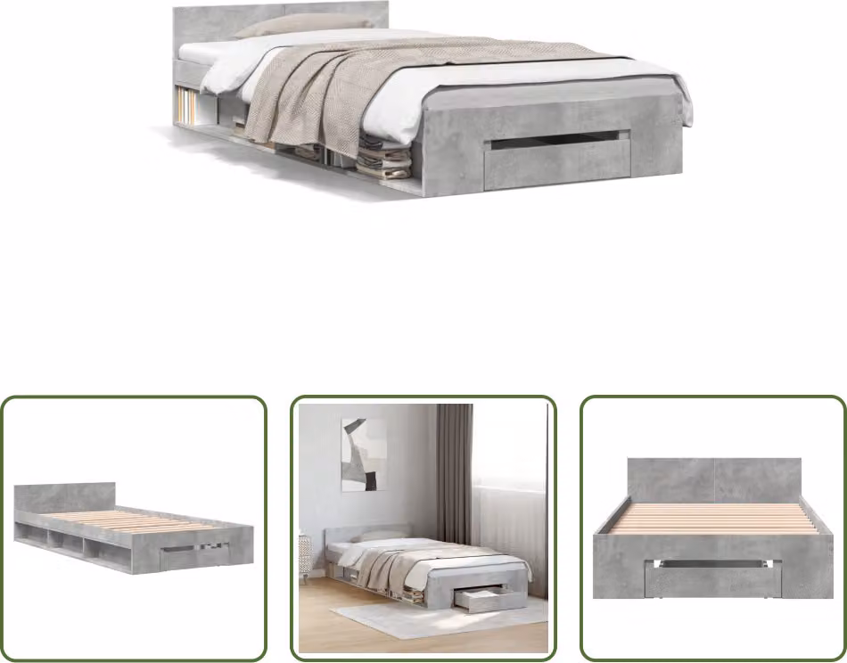 The Living Store Giroletto con cassetto in cemento grigio 90x190 cm Materiale a base di legno