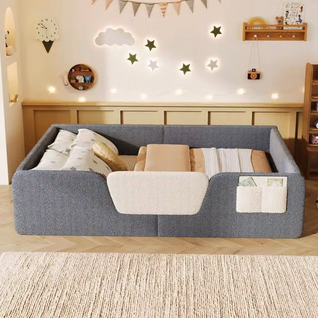 Letto per bambini moderno in velluto grigio con scomparti laterali e sponde, L/P: 140 x 190 cm