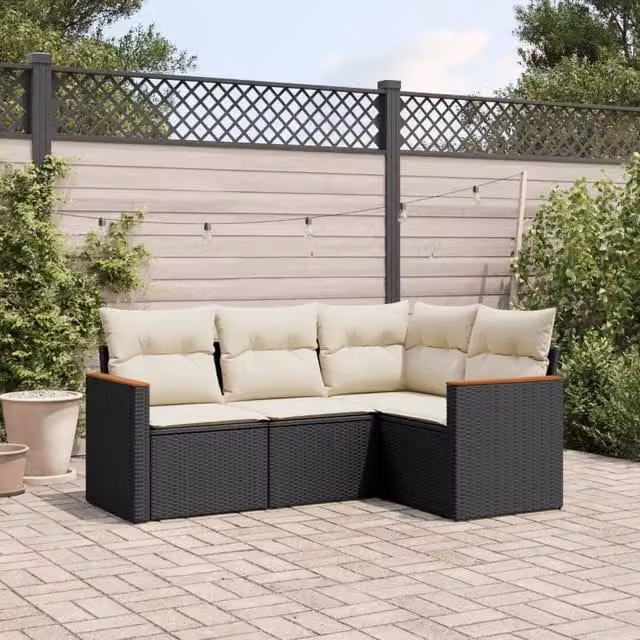 Set di Divani da Giardino a L vidaXL in Polyrattan Nero con Cuscini Bianchi e Struttura in Metallo