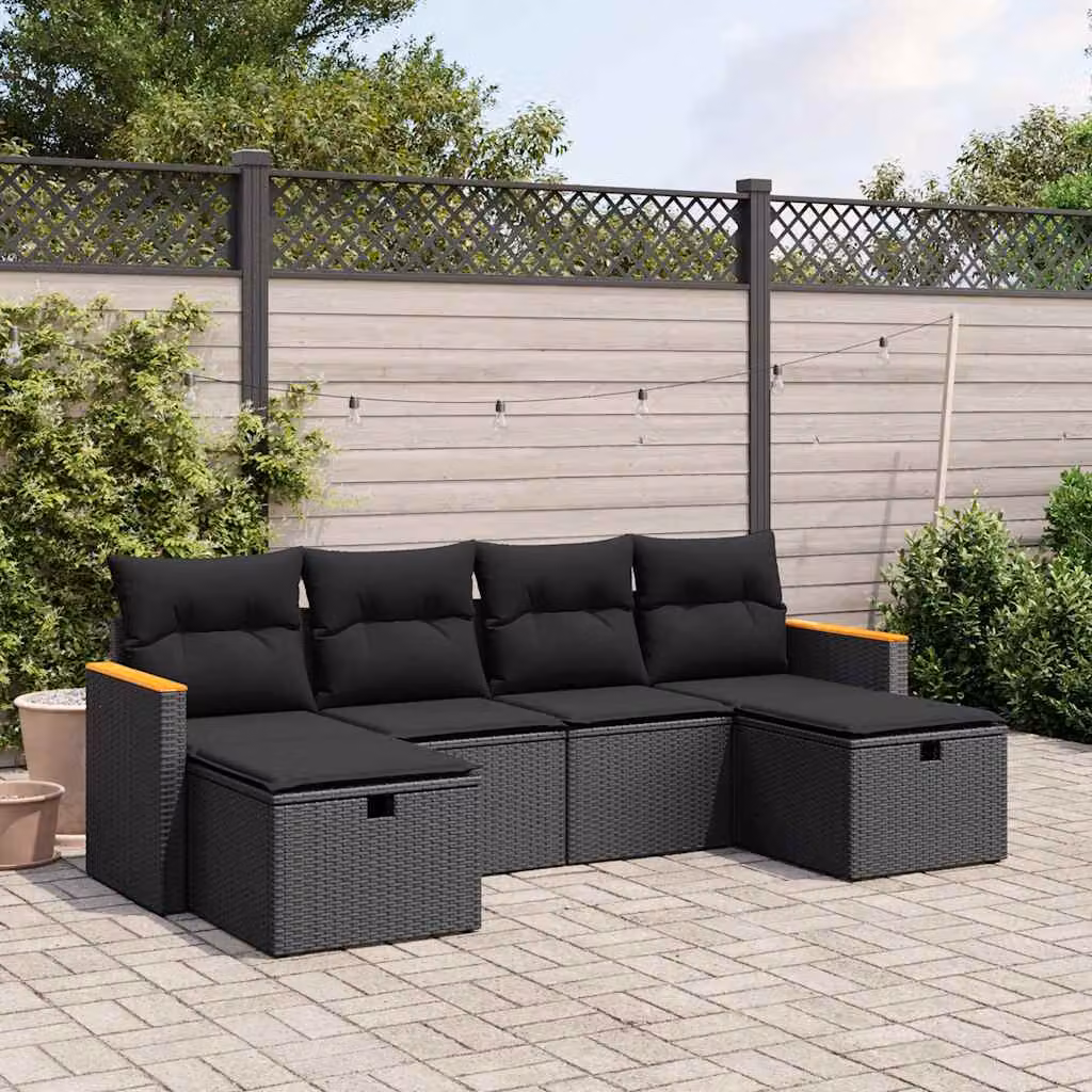 vidaXL Set Divano da Giardino a L 6 pz con Cuscini Nero in Polyrattan e Acciaio – 1