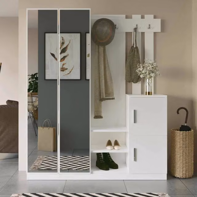 Hene, Mobile da Ingresso Specchio Incluso, 147x38x180h cm Bianco