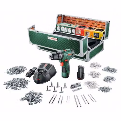 Trapano avvitatore a percussione a batteria Bosch PSB 10,8 LI-2 a due velocità, 2 batterie agli ioni di litio, set di accessori da 508 pezzi