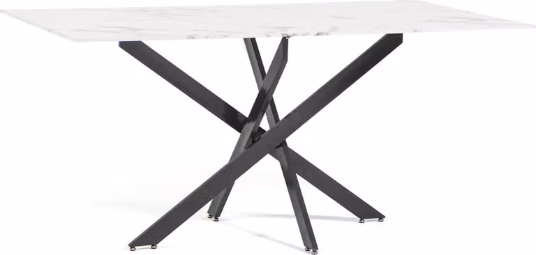 Tavolo rettangolare con piano in vetro temperato effetto marmo e struttura in metallo incrociato - design moderno, elegante e robusto per cucina, sala da pranzo, soggiorno e ufficio - MORGAN - marmo bianco/grigio scuro
