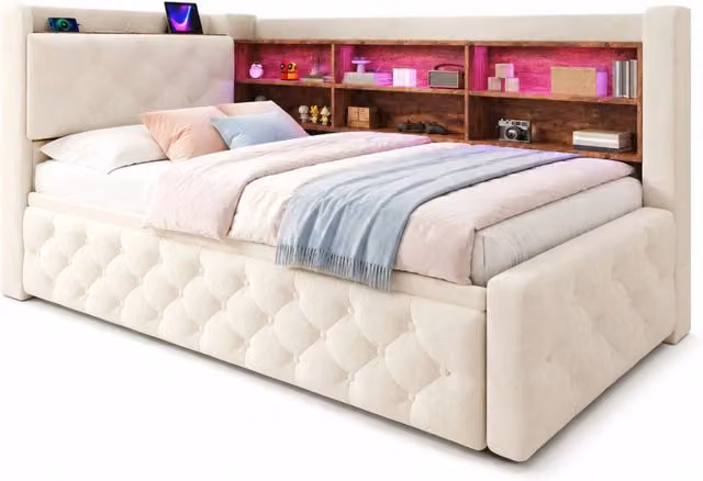 Divano letto estraibile 90x190 cm in velluto con LED; USB e USB-C; beige