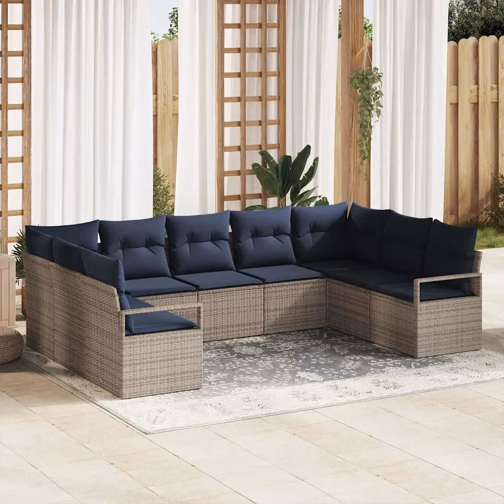 Set di divani da giardino vidaXL a forma di U in polyrattan grigio con tavolo da caffè e cuscini inclusi