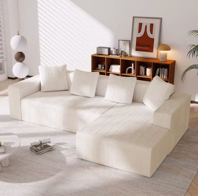 Divano modulare 3 posti con chaise longue 261x146x65 cm in velluto a coste bianco