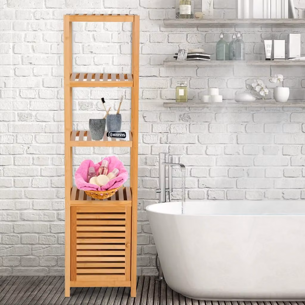 Armadietto da Bagno Minimal in Bambù con Anta e 4 Ripiani, Colore Naturale Beige, L/P/H: 33 x 36,5 x 140 cm – 2