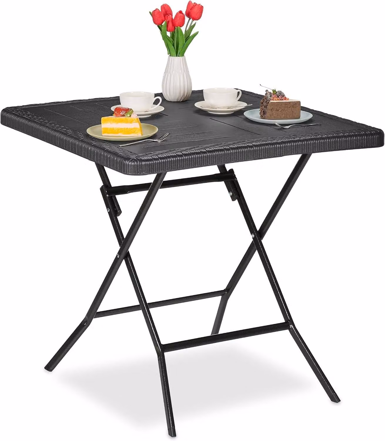 Tavolo da giardino pieghevole con finitura effetto legno - 74x78x78 cm - Realizzato in plastica e acciaio - Resistente agli agenti atmosferici - Colore nero