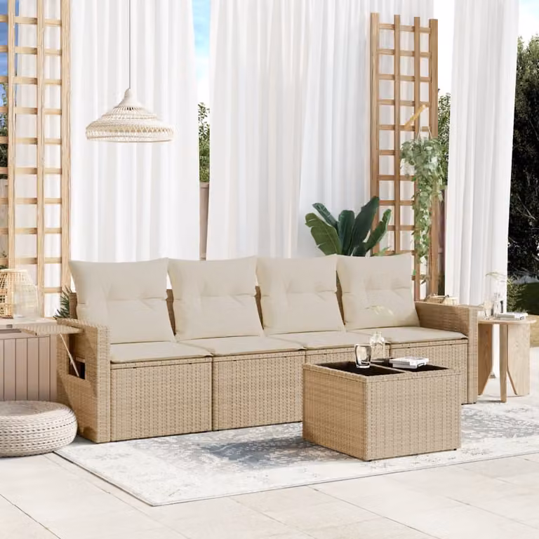 vidaXL Set Divano da Giardino 5 pz in Polyrattan Beige con Cuscini e Tavolino