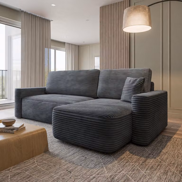 Divano ad angolo Masseno NERI T con funzione letto a L, divano con contenitore, divano da salotto, divano, divano letto, set divani - Grigio, TILIA 90