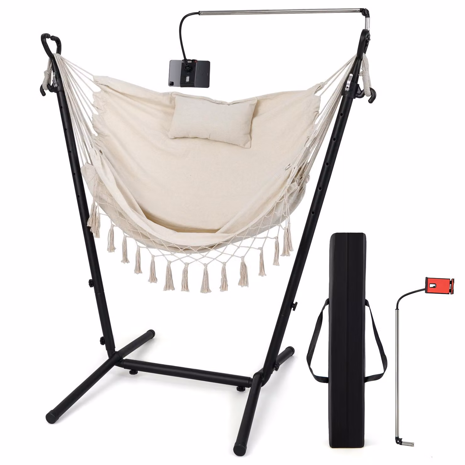 Sedia sospesa COSTWAY con telaio, seduta sospesa regolabile in altezza con portacellulare, cuscino e tasca laterale, sedia sospesa con oscillazione fino a 250 kg, beige