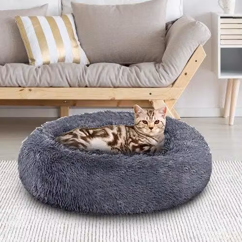 Cuccia rotonda per cani e gatti, diametro 100 cm, in peluche lungo, con fondo antiscivolo, colore grigio scuro