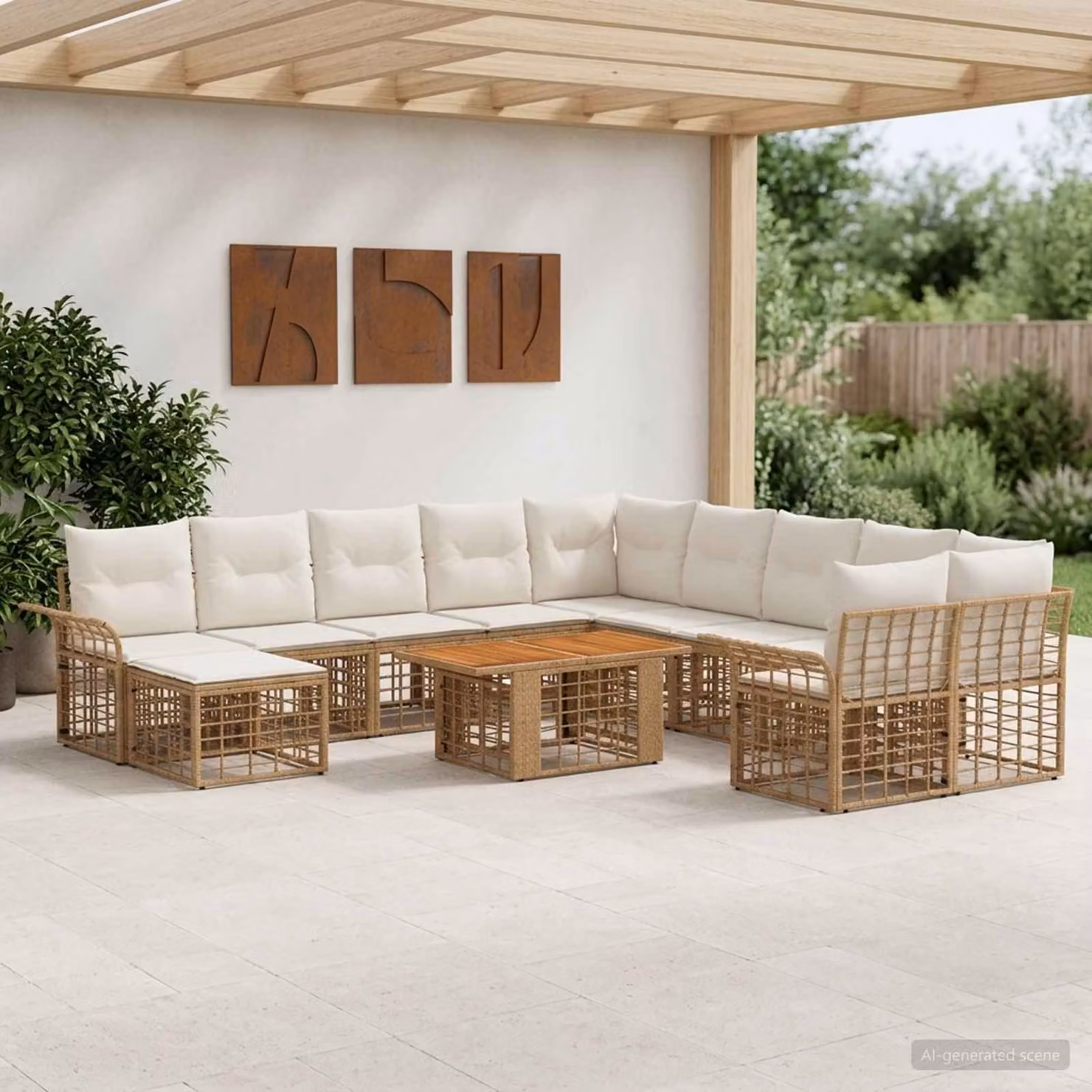 Set Divano da Giardino vidaXL 12 pz in Polyrattan con Cuscini, Colore Naturale e Bianco Crema