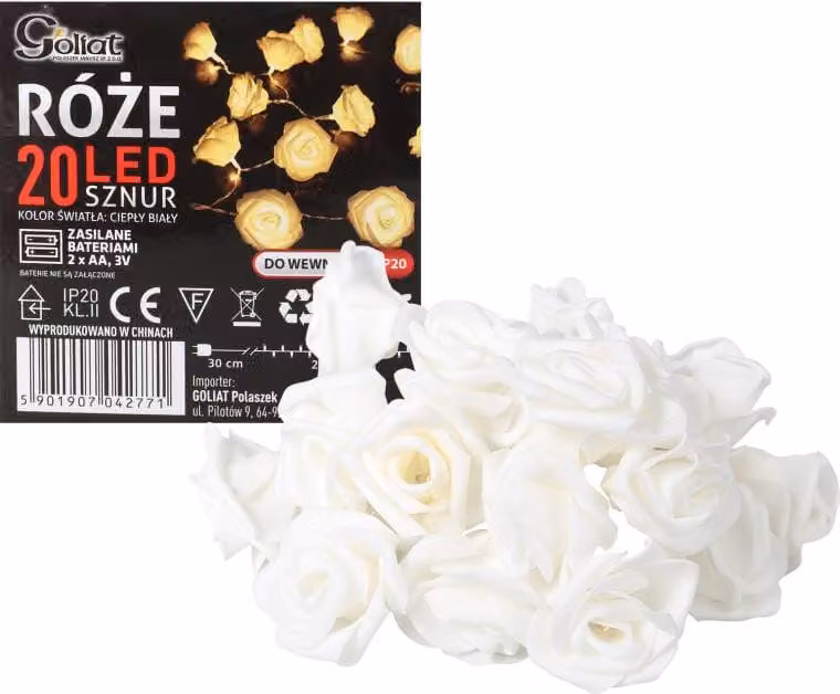 Cordone decorativo natalizio con rose a LED bianche lungo 3 m
