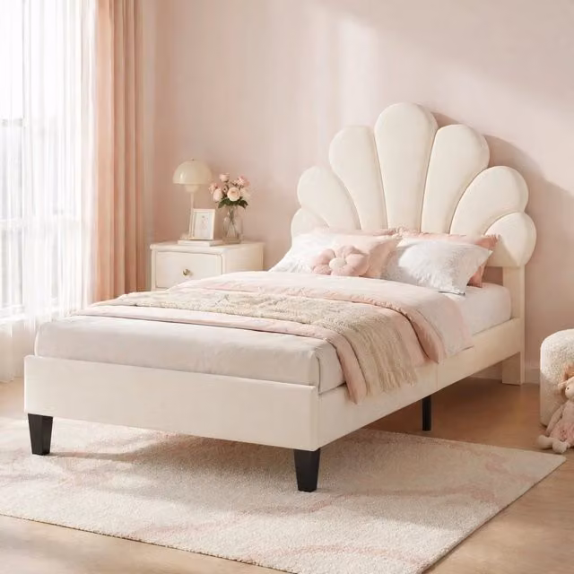 Letto singolo Mivray imbottito in velluto beige con testiera a fiore e rete a doghe, L/P/H: 90 x 200 x 110,5 cm