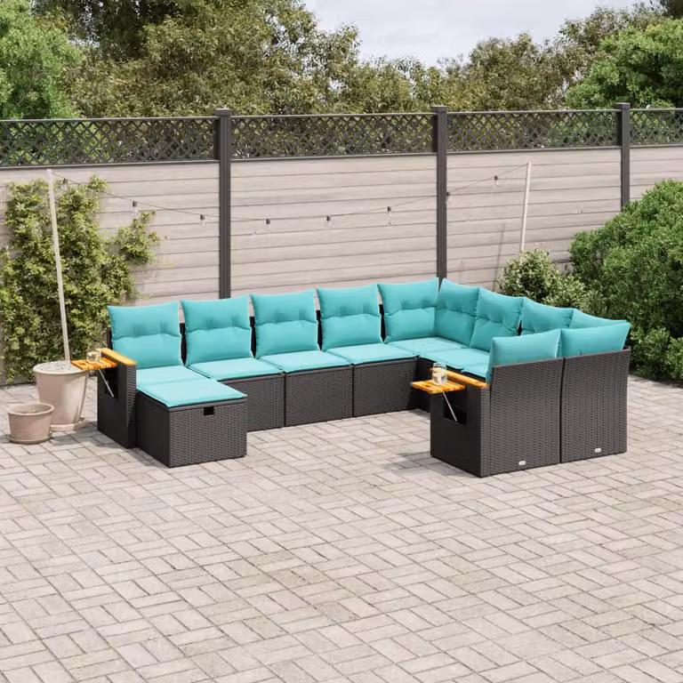 vidaXL Set Divani da Giardino a Forma di U in Polyrattan con Cuscini e Tavolino da Esterno, 10 Pezzi, Nero